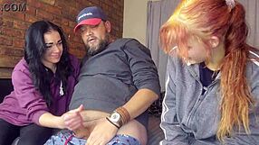 Two shy petite girls handle my massive cock in double handjob play