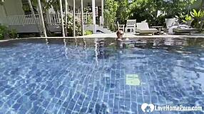 Hot babe swims then teases cock poolside in homemade couple fun