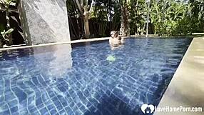 Hot babe swims then teases cock poolside in homemade couple fun
