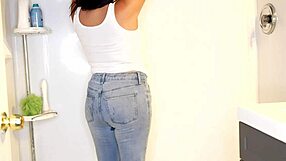 doesn't that latina look hot wetting her jeans panties before stripping for messy shower?