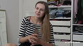 lauren fingers shaved pussy close-up with dildo to intense orgasm