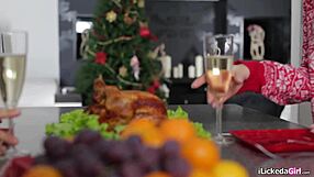 licking her shaved pussy close-up on christmas while she orgasms hard during erotic lesbian play