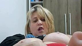 HUGE BLONDE MILF POUNDS BIG PUSSY LIPS WITH DILDO TOYS NIPPLES!