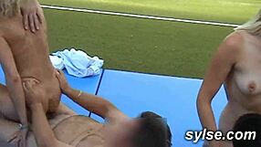 Milfs overwhelmed by bukkake at cinema before wild tennis orgy