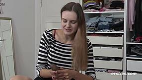 lauren fingers shaved pussy close-up with dildo to intense orgasm