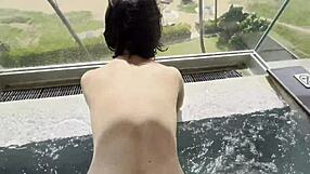 Iranian girlfriend fingers juicy big pussy lips in sauna then rides muscular stud wet