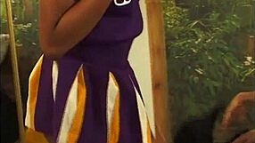 Bent Over Ebony Cheerleader Sucks Daddy's Cock Then Rides Doggystyle In Uniform Socks