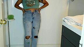 doesn't that latina look hot wetting her jeans panties before stripping for messy shower?