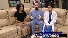 dr tampa performs nicole luva's tampa university entrance physical backstage with petite brunette spreading in skirt