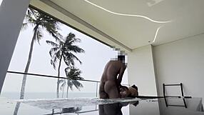 Iranian girlfriend fingers juicy big pussy lips in sauna then rides muscular stud wet