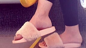 check out this cute brunette's feet slipping in and out of pink slides all candid on the train