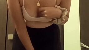 Hidden cam catches sexy Latina teen upskirt tits in bathroom