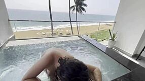 Iranian girlfriend fingers juicy big pussy lips in sauna then rides muscular stud wet