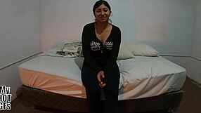 Stunning petite latina Kiomi rides cock hard in raw casting fuck