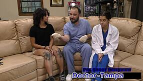 dr tampa performs nicole luva's tampa university entrance physical backstage with petite brunette spreading in skirt