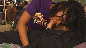 Bent Over Ebony Cheerleader Sucks Daddy's Cock Then Rides Doggystyle In Uniform Socks