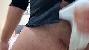 he pants and moans spurting cum and piss ripping sexy slips fast jerking huge cock dirty talk spitting