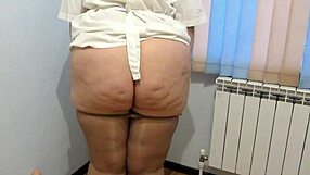 curvy nurse sneaks a quick dildo fuck on break, her huge ass and hairy pussy gaping under gown