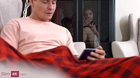 Skinny gf catches boyfriend stroking, rides him cowgirl style