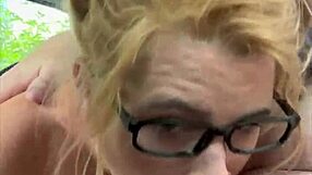 Streetwalker glasses slut deepthroats cum-gushing cock after bareback mouth dump