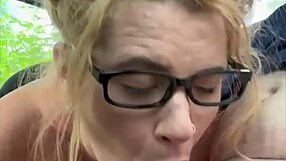 Streetwalker glasses slut deepthroats cum-gushing cock after bareback mouth dump