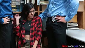security guards fuck cute petite brunette teen shoplifter hard in office 3some reality