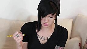what if a cute tattooed lesbo in heels licked shaved pussy before strapon fuck?