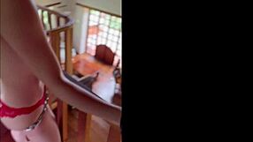 chained slut on banister takes rough pounding cum leaks from pussy