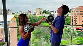 muscular latina milf trainer fucks nerd's huge cock begging to squeeze her wet pussy