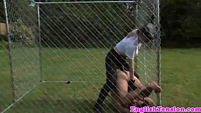 mistress dominates bound sub with humiliating outdoor handjob