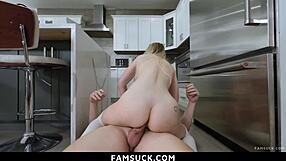 Stepbrother blackmails cute teen stepsis lilly bell into bent over blowjob doggystyle and missionary pounding!