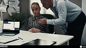 whoa, slutty blonde's dream interview turns into boss freezing time for deep pussy creampie!