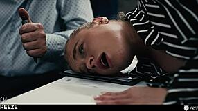 whoa, slutty blonde's dream interview turns into boss freezing time for deep pussy creampie!