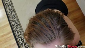 Peyton Robbie strips and sucks cock deep in blowjob pov