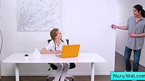 Ready for pigtailed blonde Octavia Red's big tits nuru massage on David Lee?