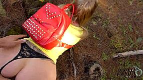 Curvy tattooed tourist girlfriend creampied deep in forest by friend on outdoor hike