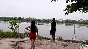 ebony babe takes big black cock doggystyle across the river passionately