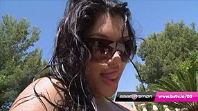 Poolside Babe Strips Revealing Massive Tits and Shaved Pussy – Leah's Wet Tease Awaits