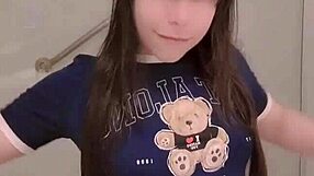 Petite Brunette Teen Fingers Tight Pussy in Bathroom Mirror