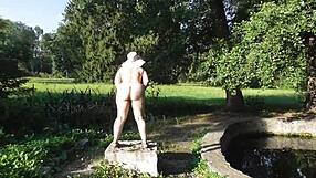 Hairy Mature's Naughty Nude Stroll in Crowded Public Park