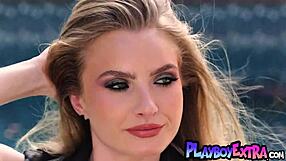 Blonde teen Lareina Tay bares shaved pussy naked by pool