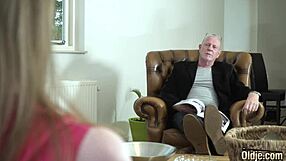 Old man fingers teen date's shaved pussy first time she screams orgasm