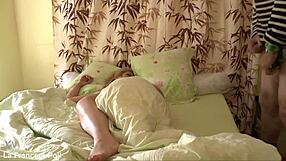 Papy wakes sleeping french blonde with rough face fuck doggystyle riding cum on tits finale