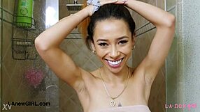 Sweet Asian beauty strips in steamy shower interview