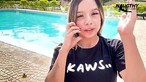 Colombian Teen Slut Masturbates Bent Over Pool for Boyfriend's Eyes.