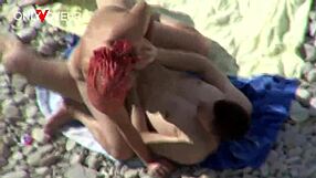 Damn! Curvy beach milf blows guy then takes doggy pounding public!