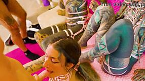 Tattooed babes share bbc and white cock mayhem