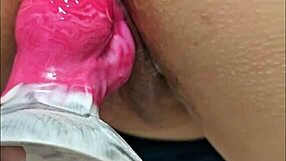 Chubby blonde takes huge dog dildo bent over dreaming of creampie