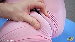 Skinny slut in pink thong flaunts puffy cameltoe and round ass during yoga flex