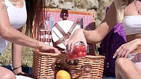 Lesbian babes Candee Licious and Olivia del Rio strap-on fuck outdoors at countryside picnic. Picnic perfection part 1